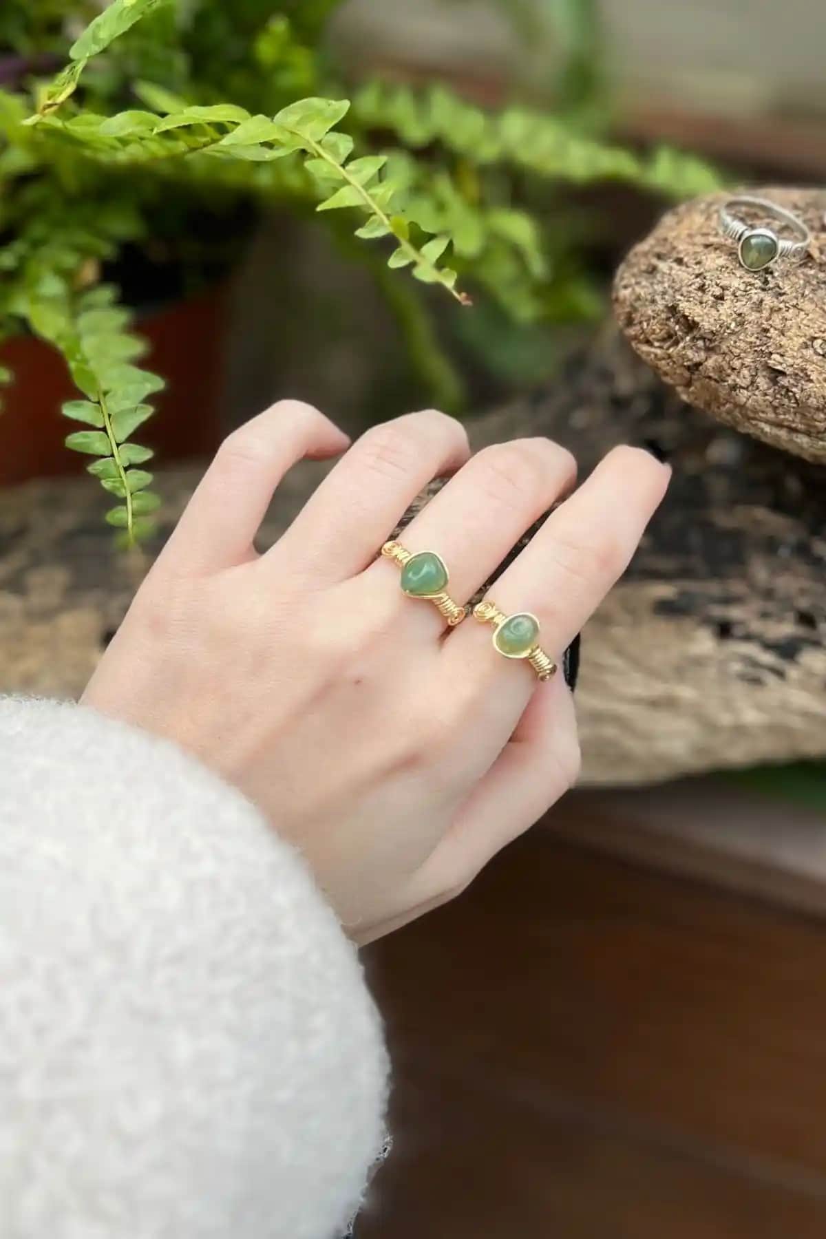 LunaStone Yeşil Akik Doğal Taşlı El Yapımı Ayarlanabilir Yüzük