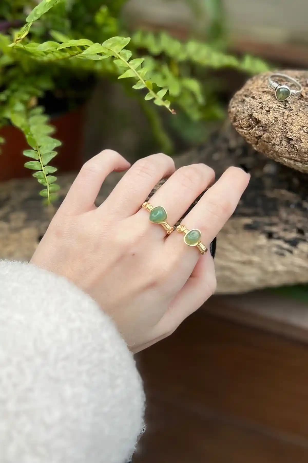 LunaStone Yeşil Akik Doğal Taşlı El Yapımı Ayarlanabilir Yüzük