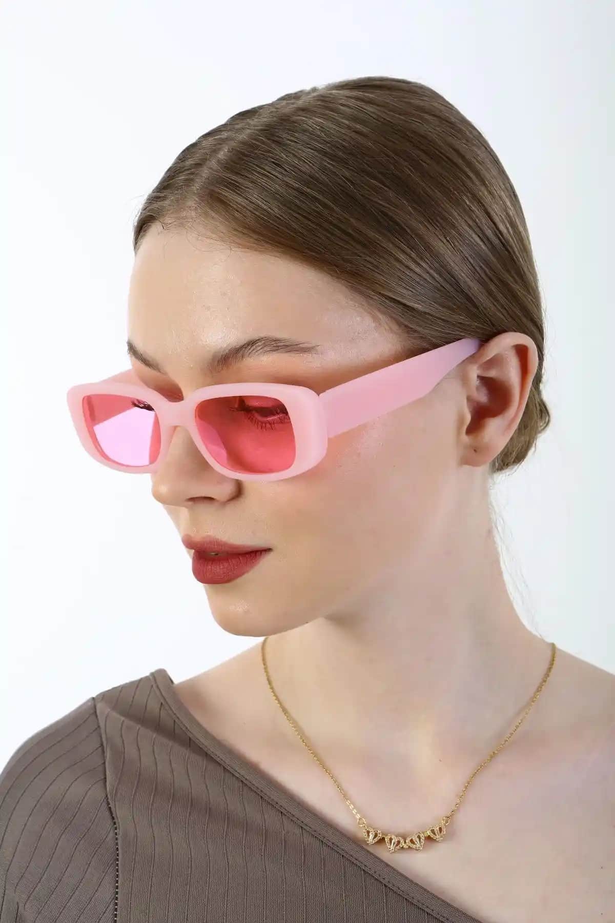 ModaLand Pembe Dikdörtgen Retro Unisex Güneş Gözlüğü Estetik ve Koruma Sağlayan Tasarım