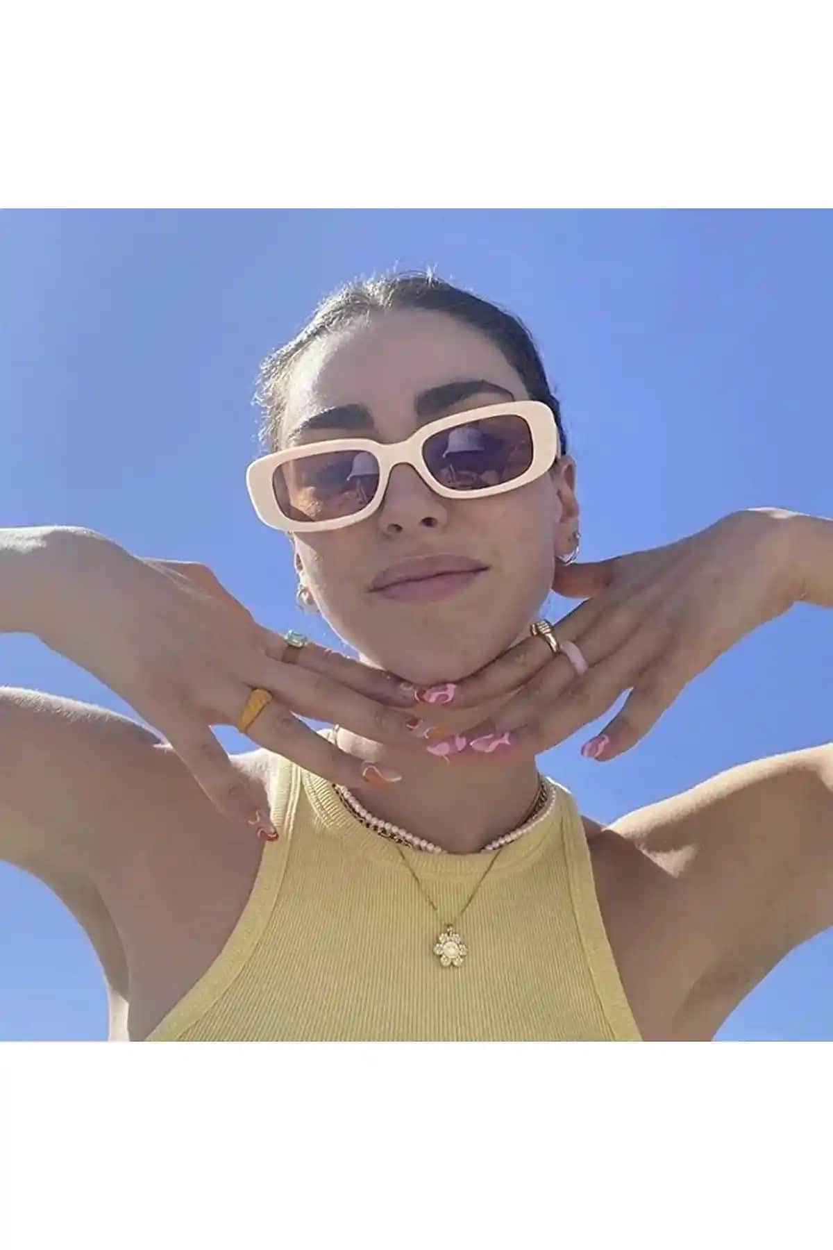 ModaLand Unisex Bej Renk Kare Dikdörtgen Vintage-Retro Güneş Gözlüğü Şık ve Dayanıklı Tasarım