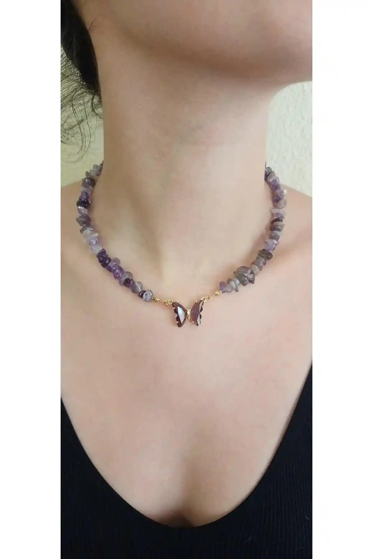 Mudita Tasarım Doğal Ametist Taşlı Kelebek Kolye Şık ve Pozitif Enerji Veren Takı