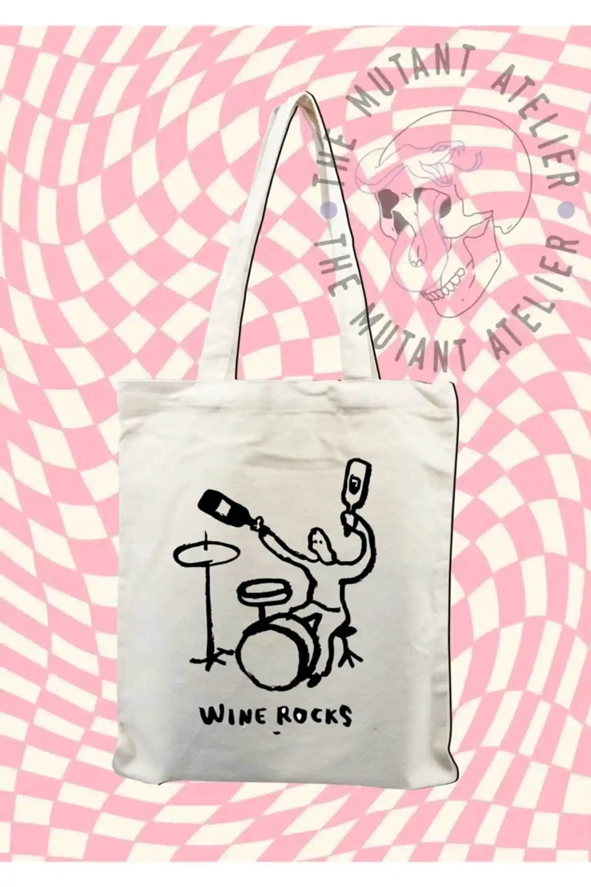 Mutant Atelier Wine Rocks Baskılı Ham Bez Çanta: Şık ve Dayanıklı Çok Amaçlı Çanta