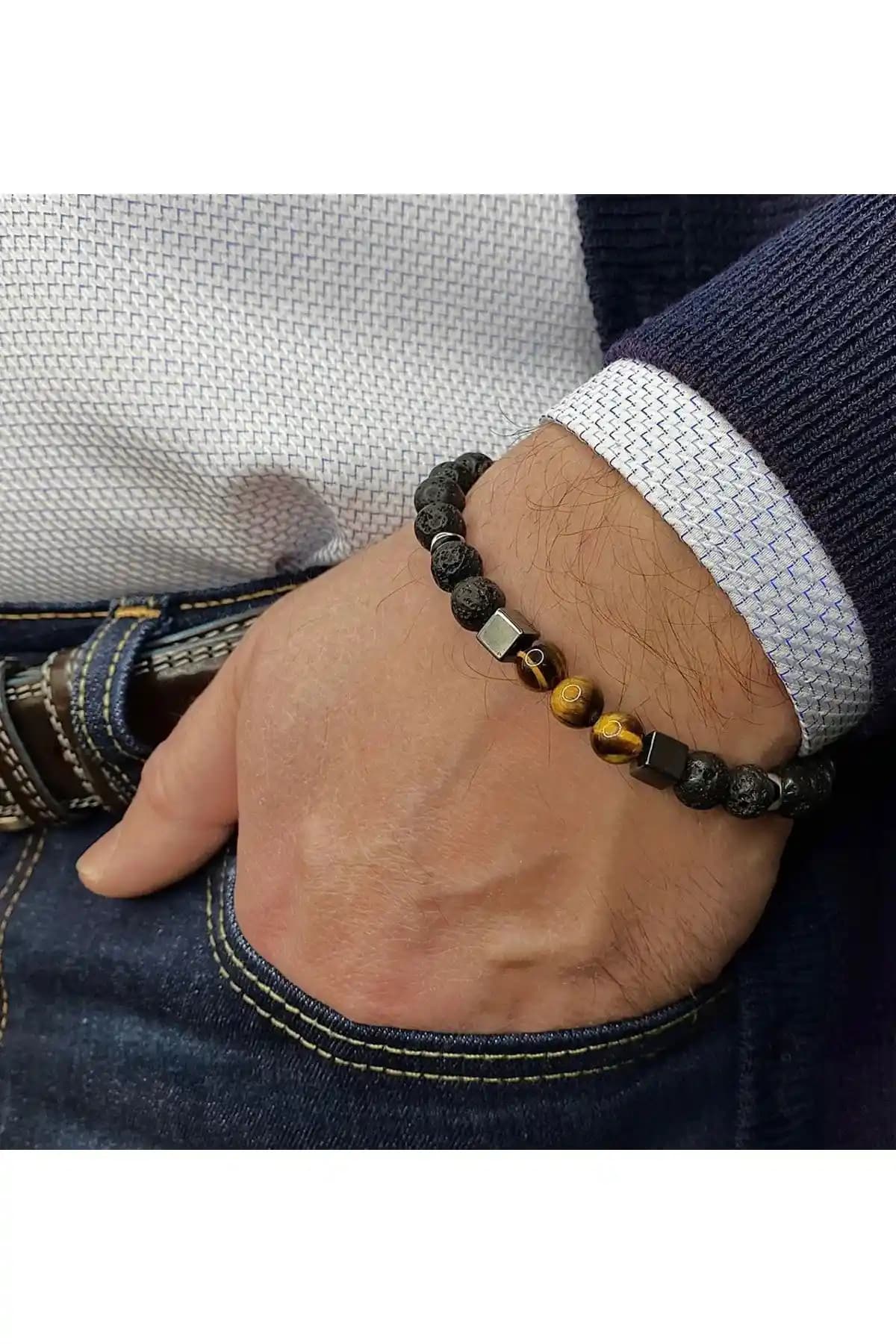 Padore Accessory Kaplan Gözü Lav ve Hematit Taşlı Unisex Doğal Taş Bileklik