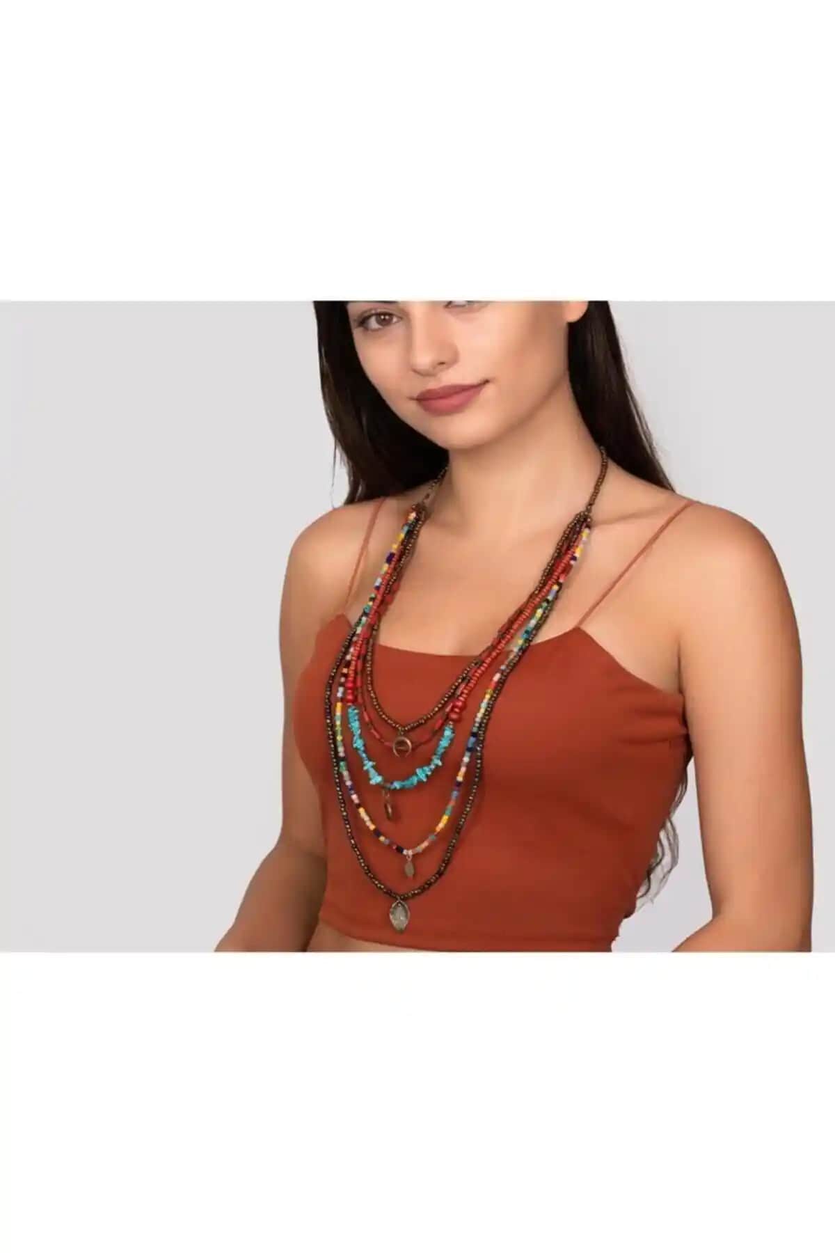 Porsuk Alternatif El Yapımı Etnik Bohem Uzun Çoklu Kolye Modaya Uygun ve Özgün Tasarım