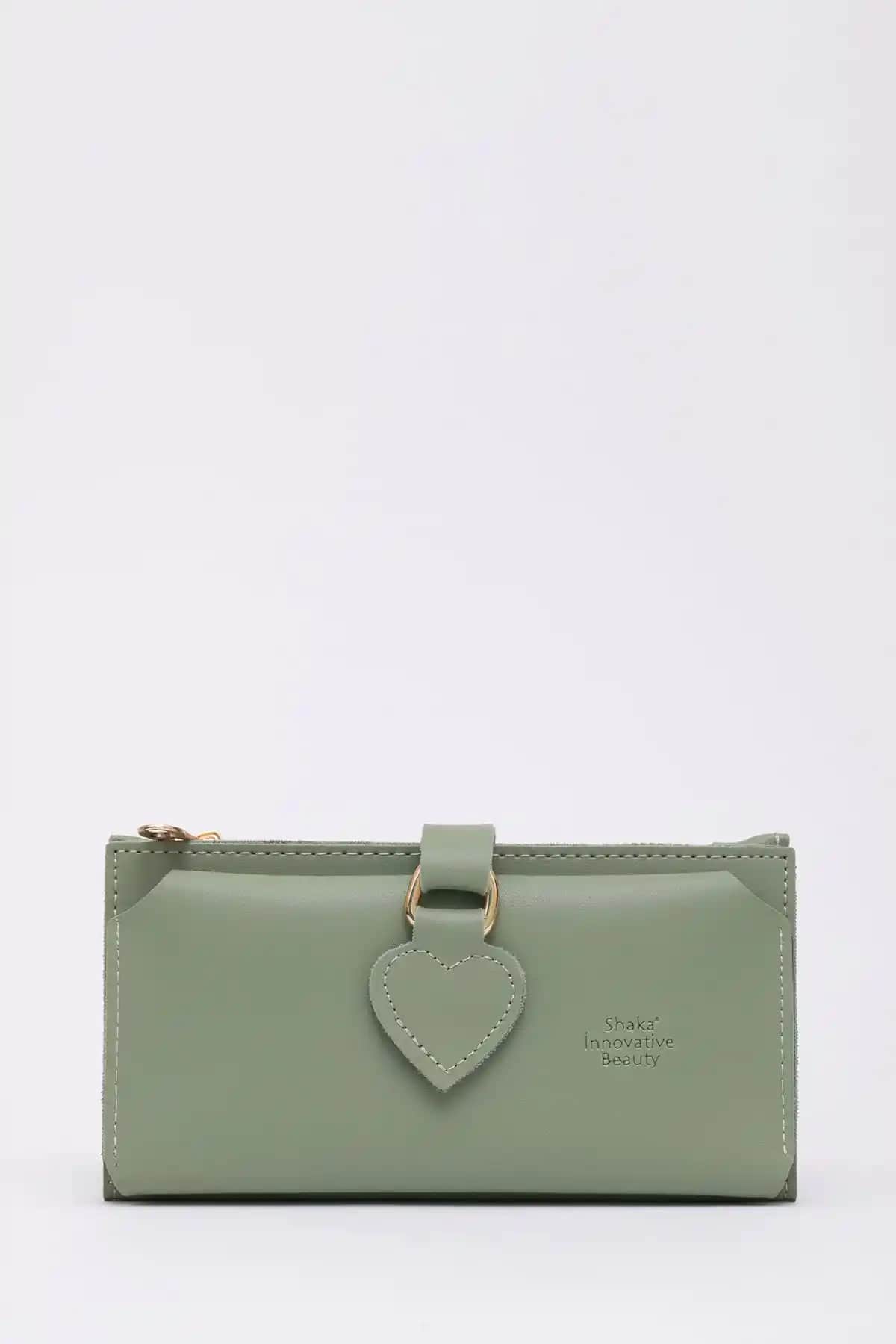 Şaka Mint Yeşil Kalpli Yumuşak Deri Cüzdan ve Kartlık Günlük Kullanım İçin