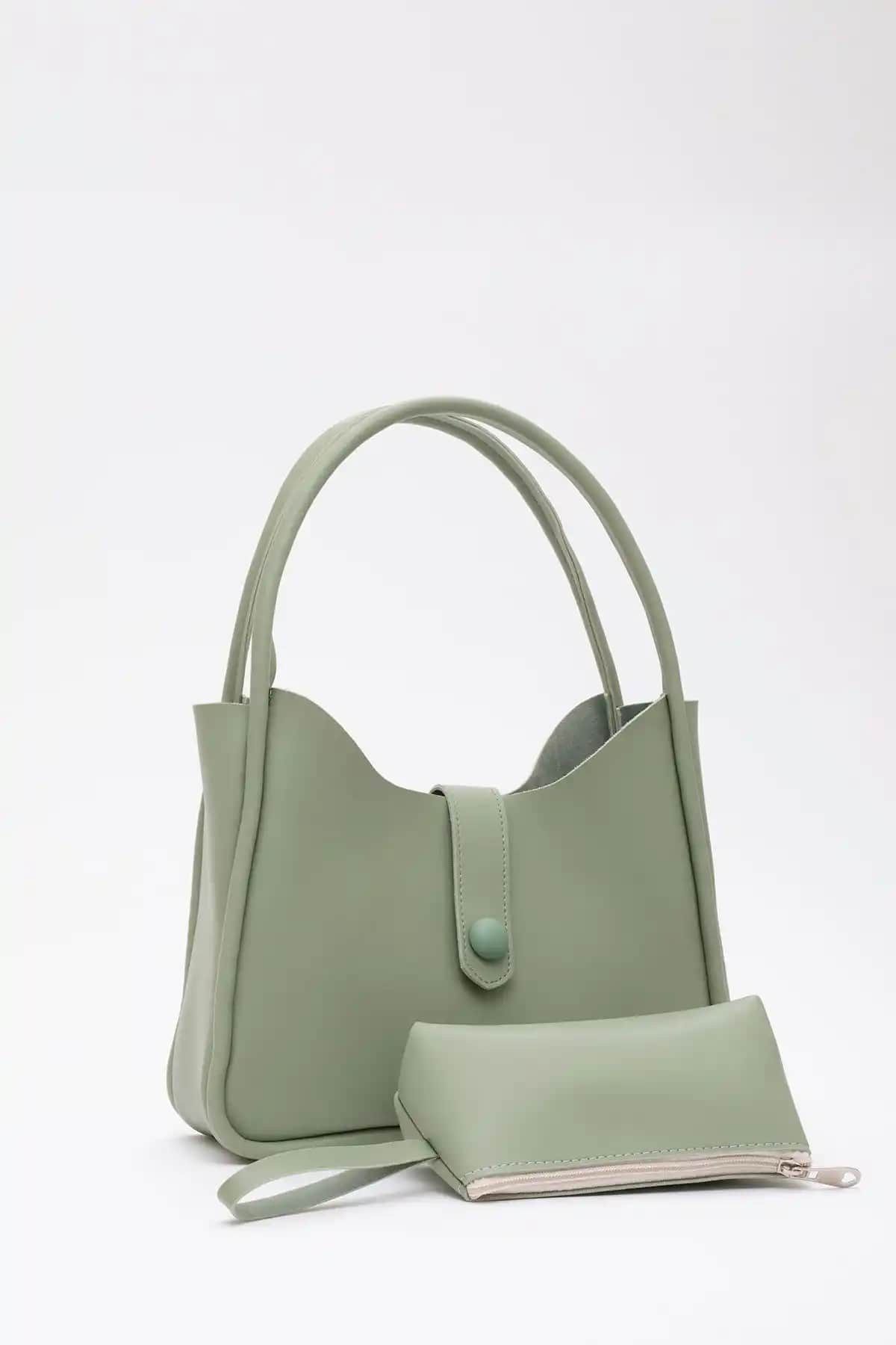 Şaka Mint Yeşil Suni Deri Düğme Detaylı Çanta ve Makyaj Çantası Özellikleri