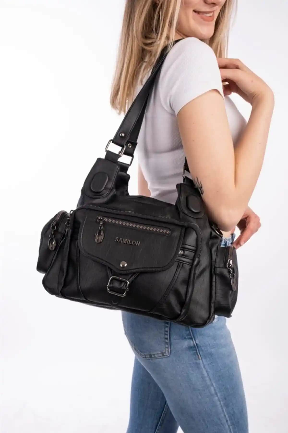 Samilon Samilo Kadın Siyah Yıkama Deri Çok Gözlü Omuz ve Kol Çantası