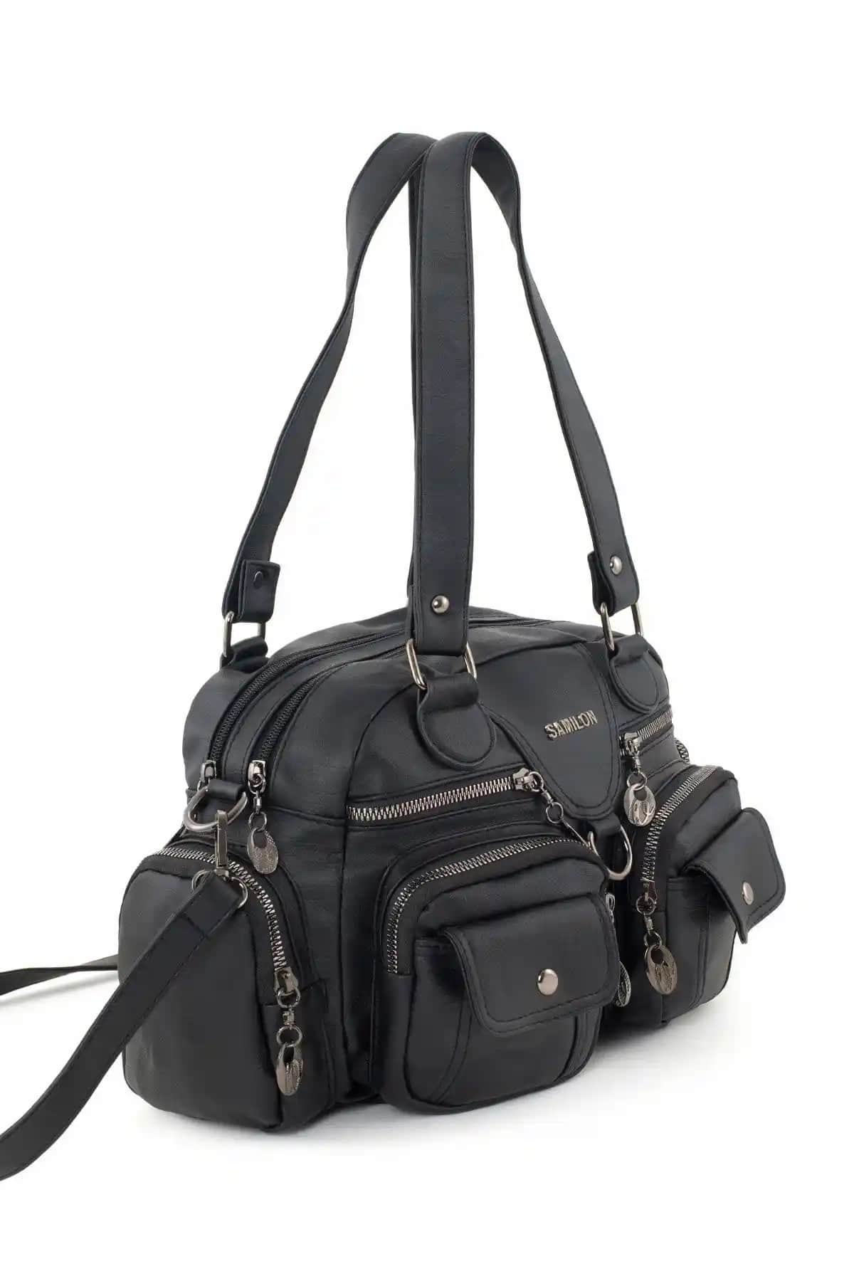 Samilon Siyah Yıkama Deri Çok Gözlü Kadın Çantası - Şık ve Fonksiyonel Tasarım
