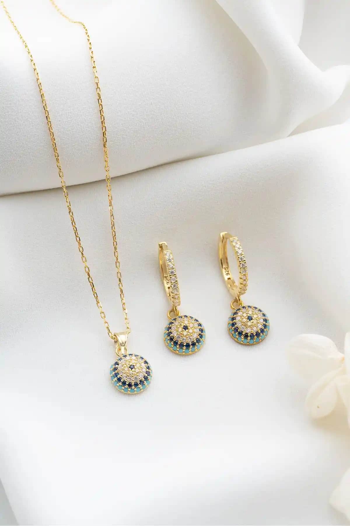 Silvano Jewelry 925 Ayar Gümüş Göz Nazarlı Kolye ve Küpe Seti Şık ve Anlamlı Tasarım