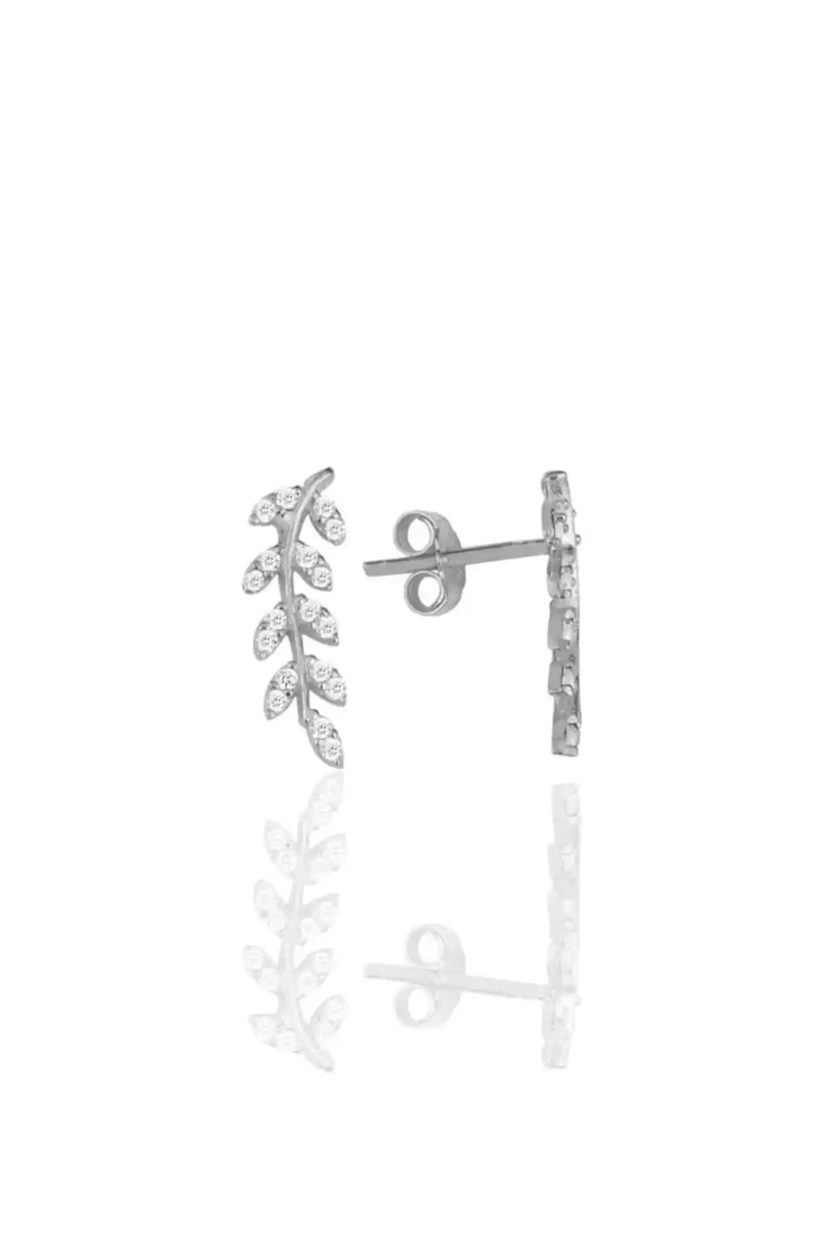 Söğütlü Silver Gümüş Rodyumlu Zirkon Taşlı Yaprak Küpe Modern ve Şık Tasarım