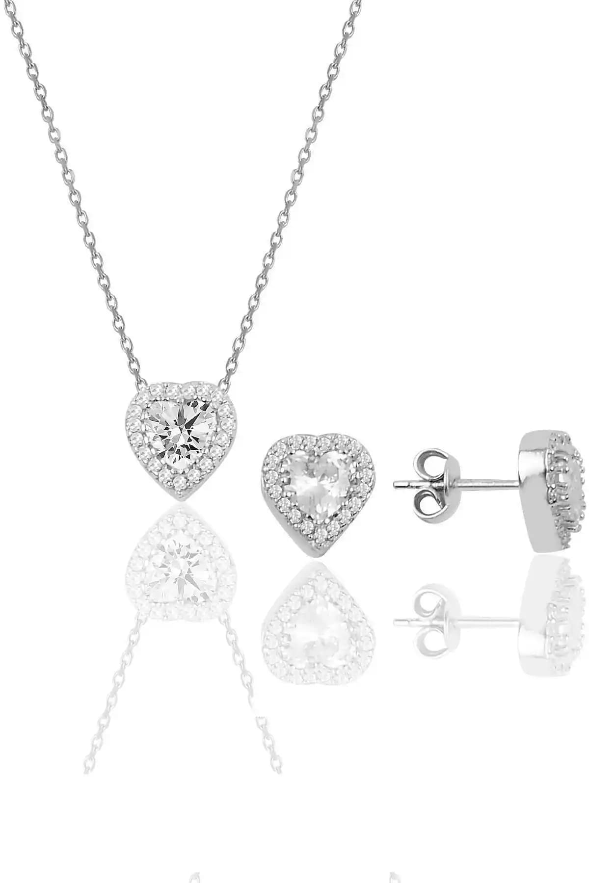 Söğütlü Silver Pırlanta ve Zirkon Taşlı Kalp İkili Set Gümüş Takı Modern Tasarım