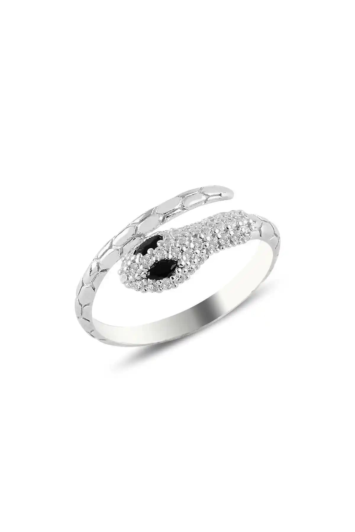 Söğütlü Silver Rodyum Kaplama Gümüş Yılan Yüzük Oniks ve Zirkon Taşlı Modern Tasarım