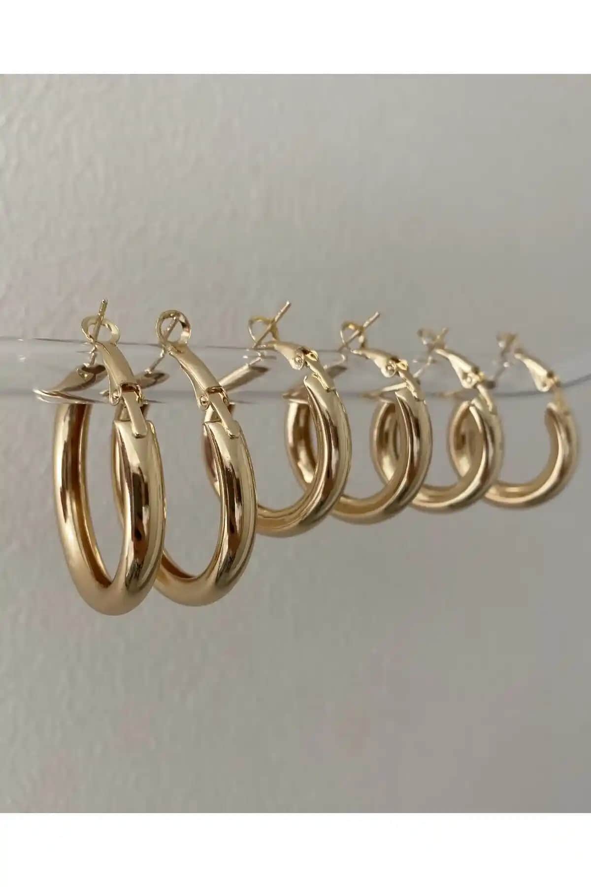 Stainless Steel Gold 3-Size Double Pair 6-Piece Hoop Earring Set for Elegant Style