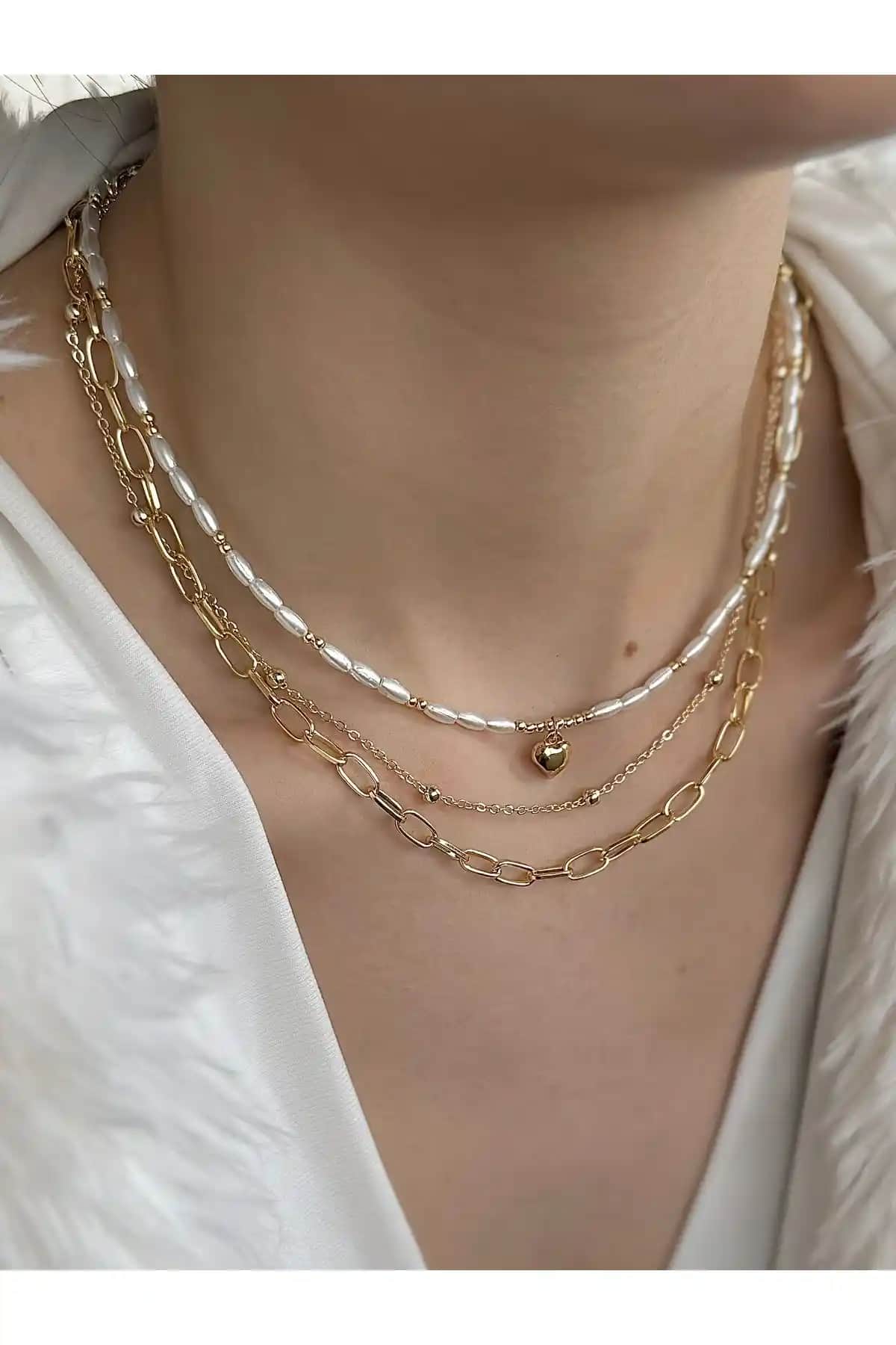 Takıtarzım Bombeli Kalp 3'lü Set İnci Zincir Kolye Modern ve Zarif Tasarım