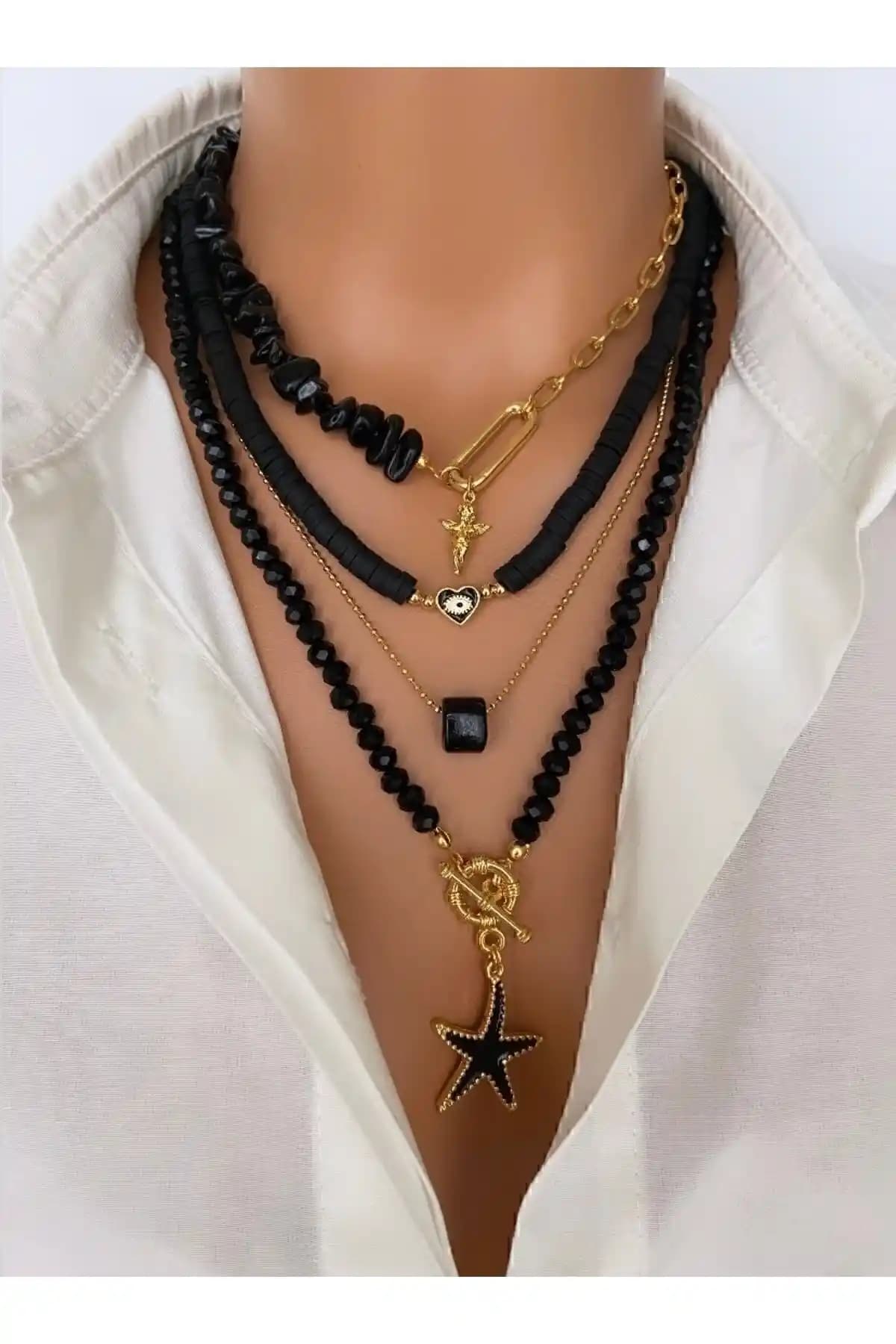 Trend Takı Siyah Doğaltaş Çoklu Kolye Kadınlar İçin Zarif ve Özgün Tasarım