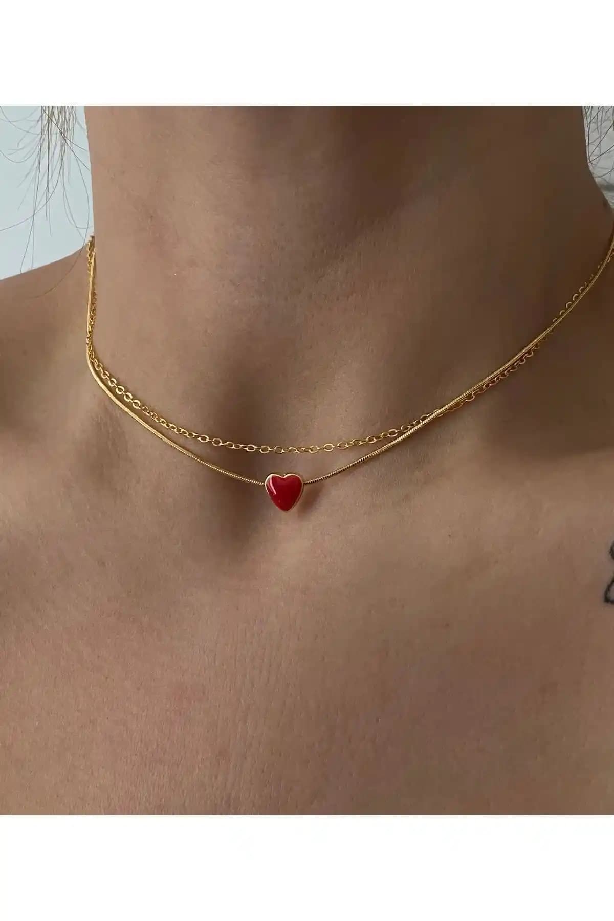 Vi Store Kırmızı Kalp Choker ve Zincir Seti Modern ve Zarif Kadın Takısı