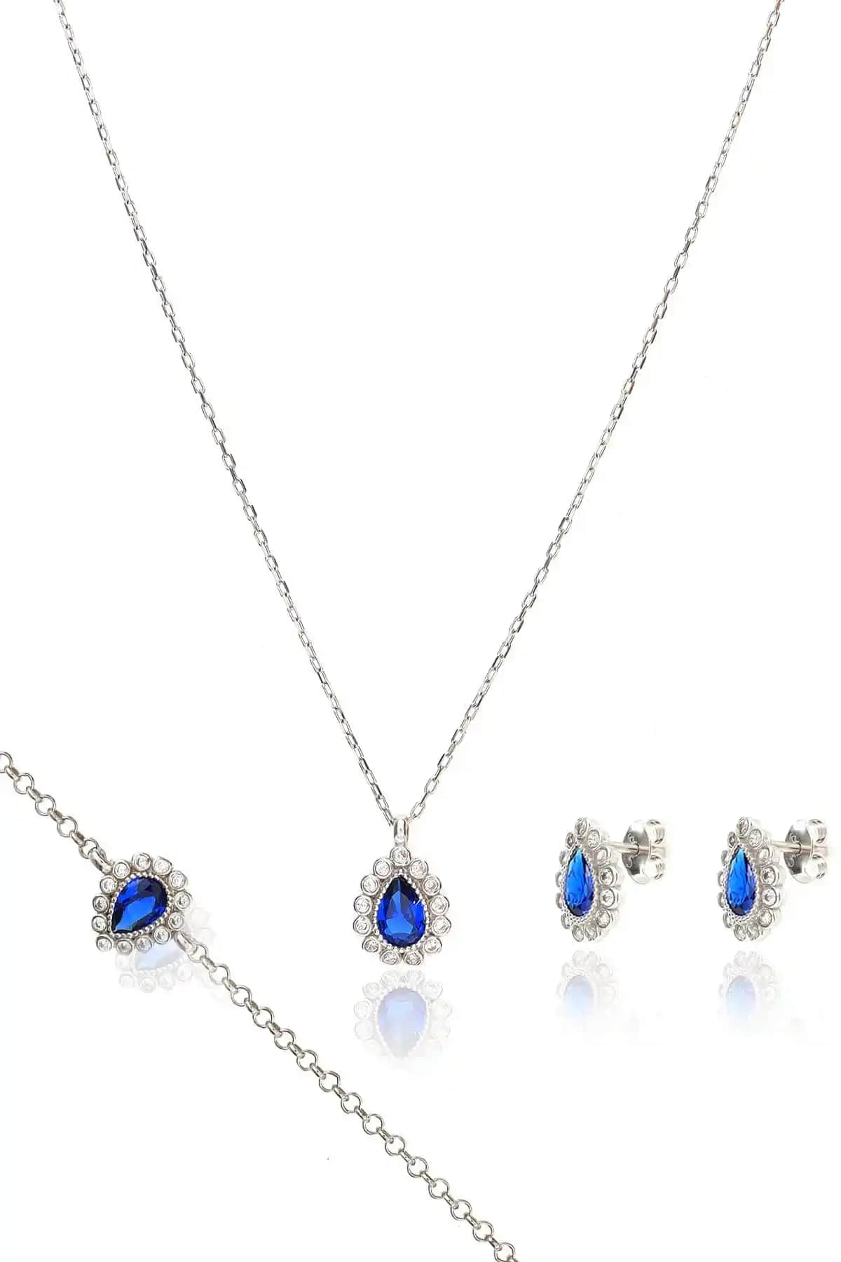 925 Ayar Gümüş Safir Taşlı Takı Seti Damla Kolye Küpe Bileklik Şık Tasarım