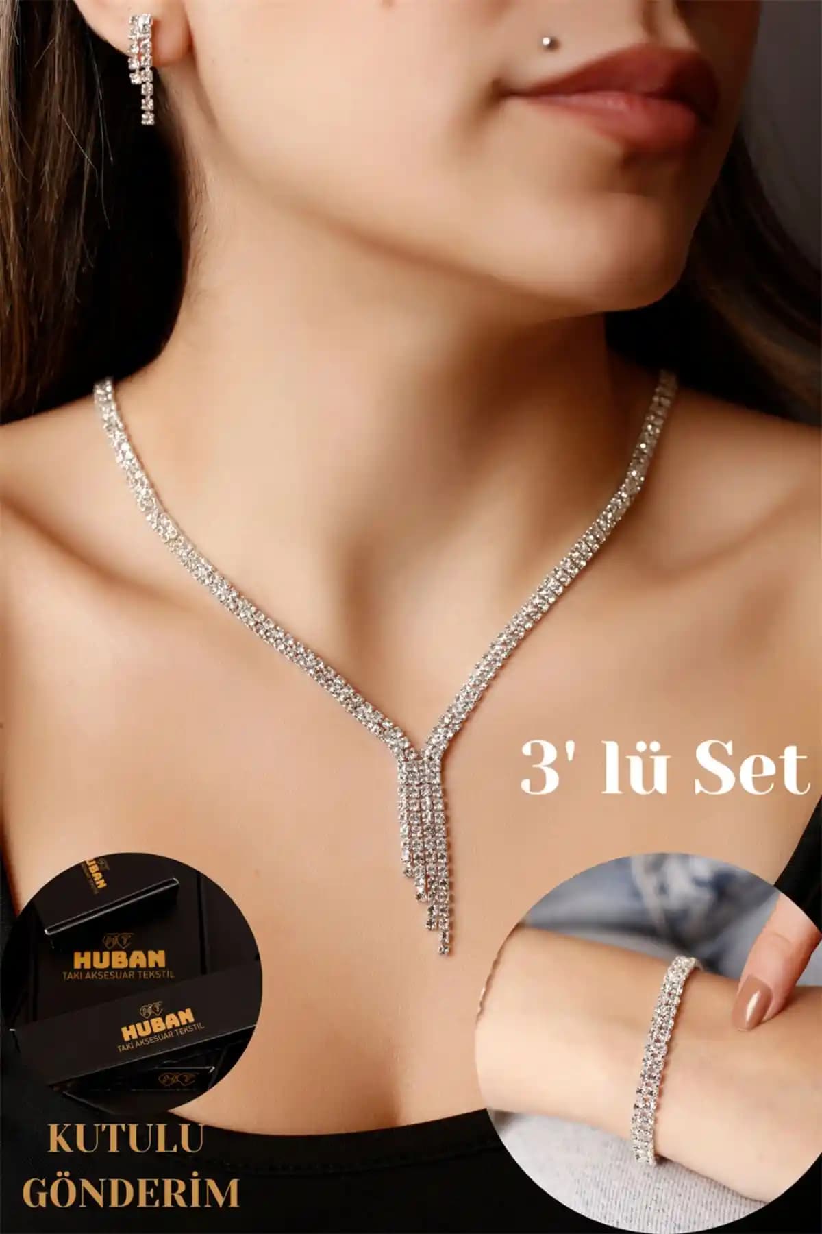 HUBANN Gümüş Kaplama Su Yolu Stonefans Takı Seti Zarafet ve Şıklık Sunar