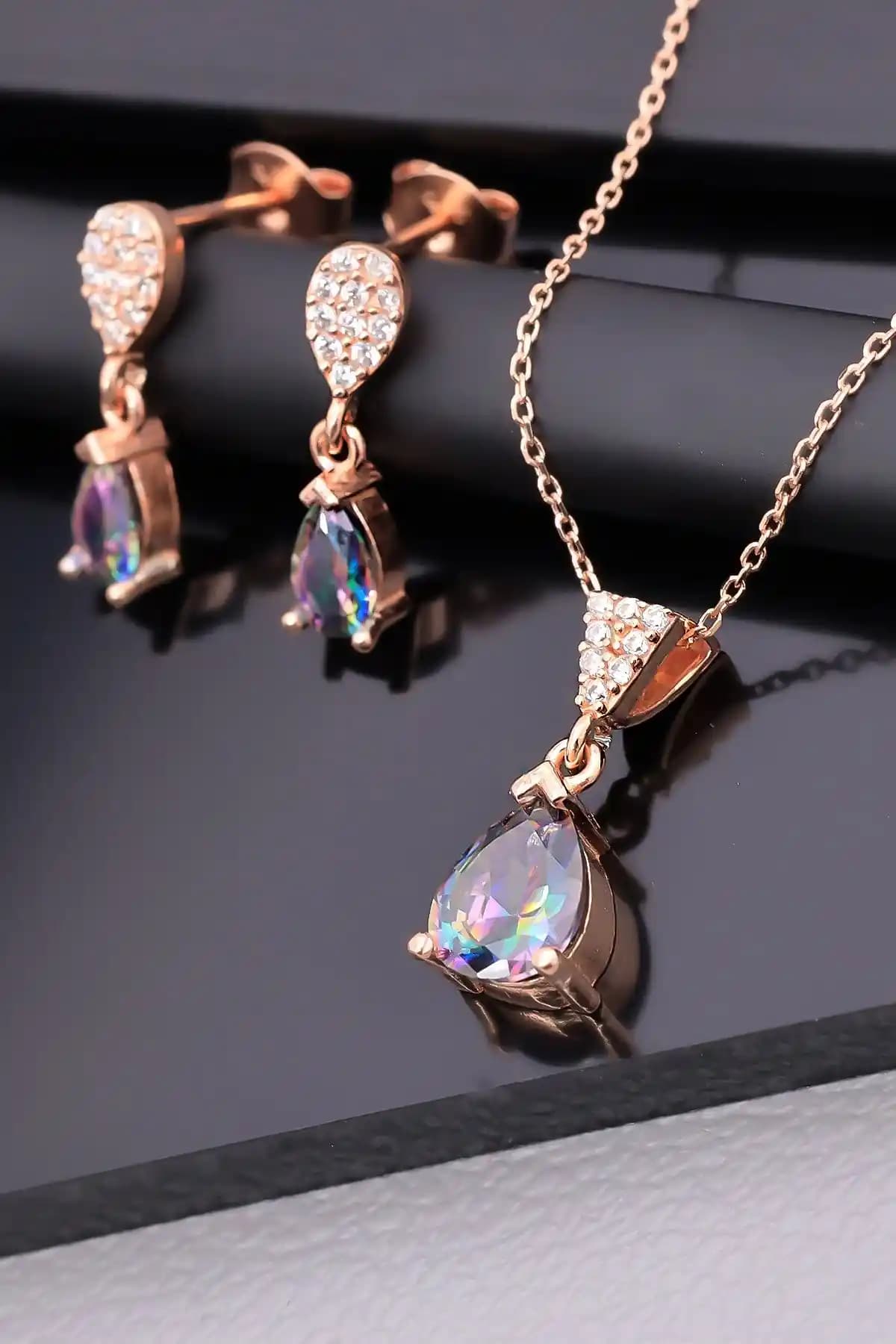 RAVZA GÜMÜŞ Mistik Topaz Taşlı Damla Kolye ve Küpe Seti Kadınlar İçin Zarif Tasarım