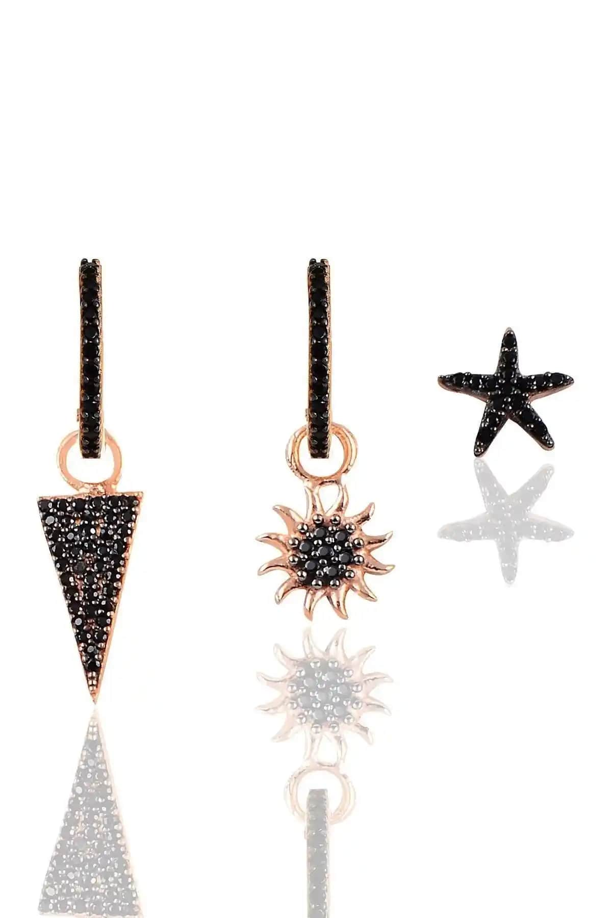 Söğütlü Silver Gümsü Rose Onix Taşlı Piramit Küpe Seti Üçlü Kombinasyonları