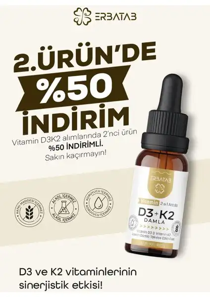 Erbatab Vitamin D3 K2: Kemik ve Bağışıklık Sağlığı İçin 2'si 1 Arada Damla