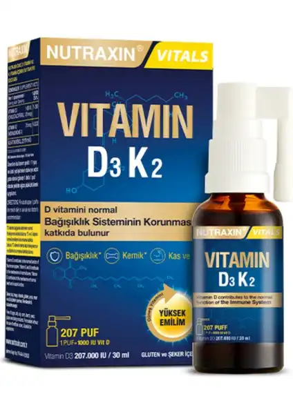 Nutraxin D3K2 Sprey 30 ml: Pratik Kullanım İle Vitamin D ve K Desteği